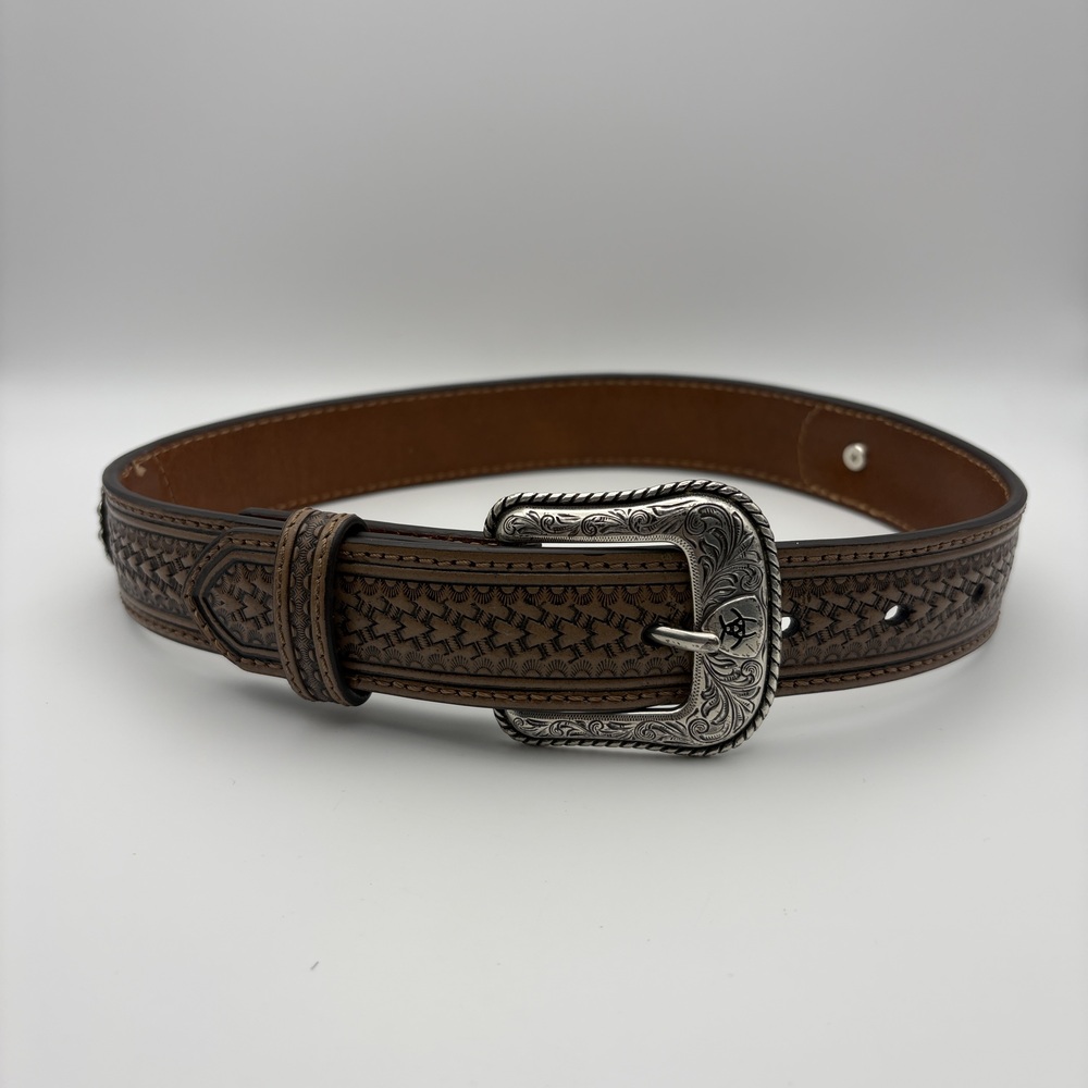 Ariat belt brown western tooled beaded 26-28 southwest silver buckle